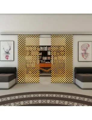 Glasschiebetür SLIM-LINE - Fineprint Model 004 Gold auf Grauglas