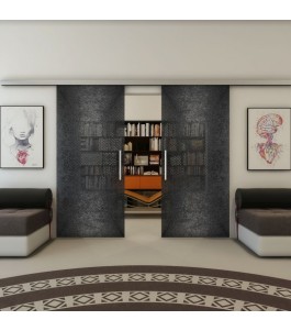 Glasschiebetür SLIM-LINE - Fineprint Model 025 Schwarz auf Grauglas