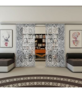 Glasschiebetür SLIM-LINE - Fineprint Model 055 Weiss auf Grauglas