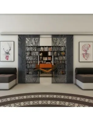 Glasschiebetür SLIM-LINE - Fineprint Model 105 Schwarz auf Grauglas