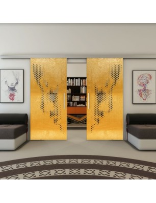 Glasschiebetür SLIM-LINE - Fineprint Model 120 Gold auf Grauglas