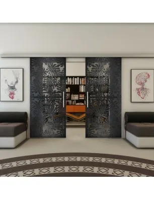 Glasschiebetür SLIM-LINE - Fineprint Model 158 Schwarz auf Grauglas