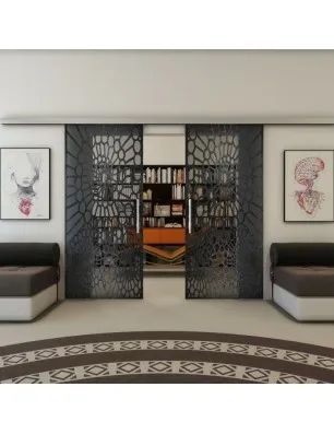 Glasschiebetür SLIM-LINE - Fineprint Model 188 Schwarz auf Grauglas