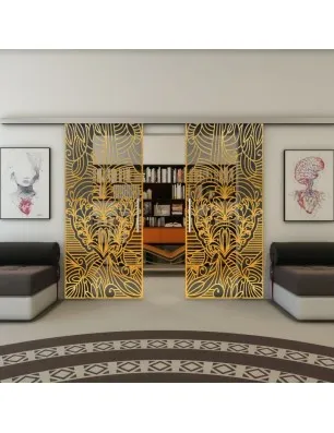 Glasschiebetür SLIM-LINE - Fineprint Model 201 Gold auf Grauglas