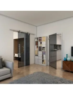 Glasschiebetür PIPE-LINE - Fineprint Model 028 Schwarz auf Grauglas