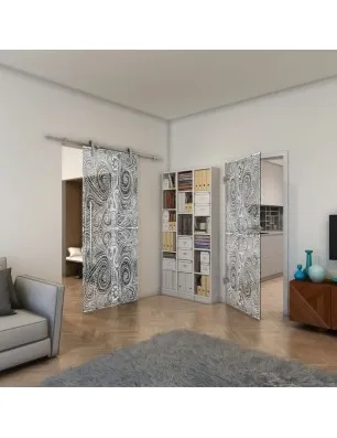 Glasschiebetür PIPE-LINE - Fineprint Model 055 Weiss auf Grauglas