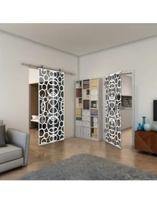 Glasschiebetür PIPE-LINE - Fineprint Model 144 Weiss auf Grauglas