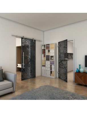 Glasschiebetür PIPE-LINE - Fineprint Model 149 Schwarz auf Grauglas