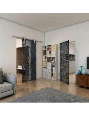 Glasschiebetür PIPE-LINE - Fineprint Model 150 Schwarz auf Grauglas