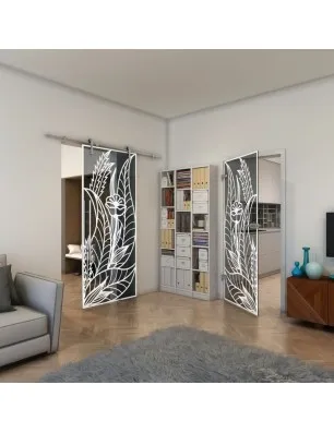 Glasschiebetür PIPE-LINE - Fineprint Model 195 Weiss auf Grauglas