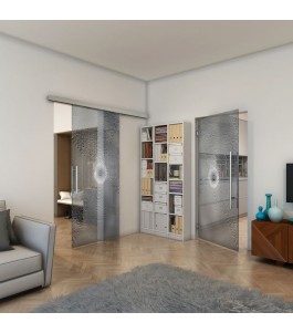 Glasschiebetür SLIM-LINE - Fineprint Model 007 Weiss auf Grauglas
