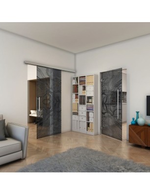 Glasschiebetür SLIM-LINE - Fineprint Model 010 Schwarz auf Grauglas