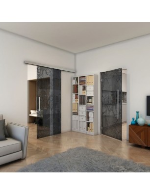 Glasschiebetür SLIM-LINE - Fineprint Model 020 Schwarz auf Grauglas
