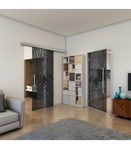 Glasschiebetür SLIM-LINE - Fineprint Model 023 Schwarz auf Grauglas
