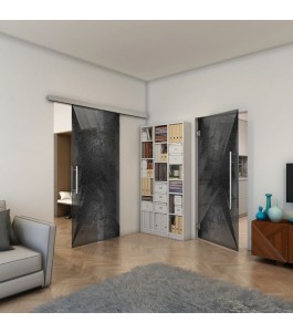 Glasschiebetür SLIM-LINE - Fineprint Model 026 Schwarz auf Grauglas