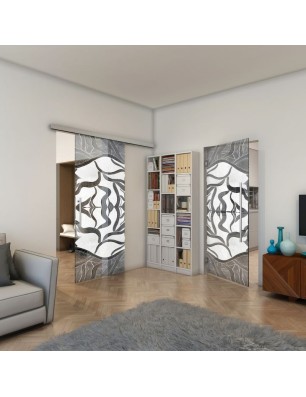 Glasschiebetür SLIM-LINE - Fineprint Model 031 Weiss auf Grauglas