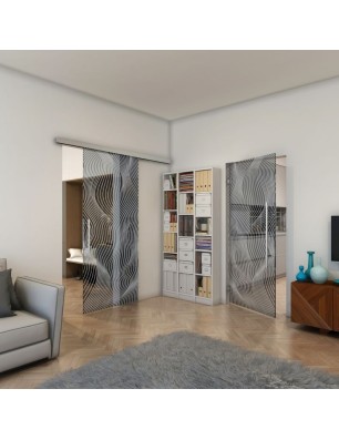 Glasschiebetür SLIM-LINE - Fineprint Model 066 Weiss auf Grauglas