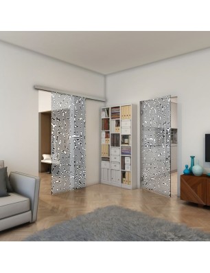 Glasschiebetür SLIM-LINE - Fineprint Model 076 Weiss auf Grauglas