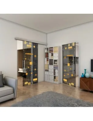 Glasschiebetür SLIM-LINE - Fineprint Model 092 Gold auf Grauglas