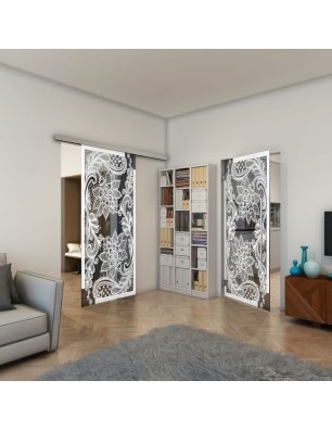 Glasschiebetür SLIM-LINE - Fineprint Model 108 Weiss auf Grauglas
