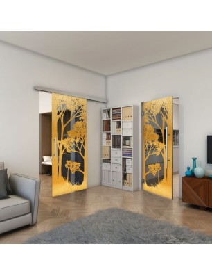 Glasschiebetür SLIM-LINE - Fineprint Model 110 Gold auf Grauglas