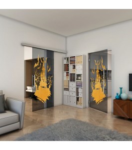 Glasschiebetür SLIM-LINE - Fineprint Model 114 Gold auf Grauglas