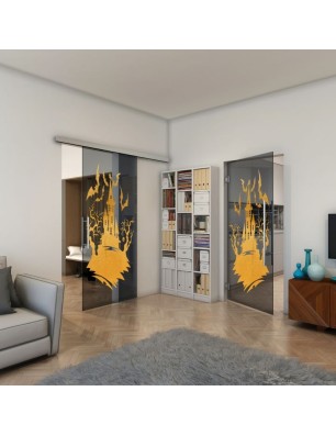 Glasschiebetür SLIM-LINE - Fineprint Model 114 Gold auf Grauglas