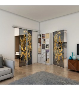 Glasschiebetür SLIM-LINE - Fineprint Model 116 Gold auf Grauglas
