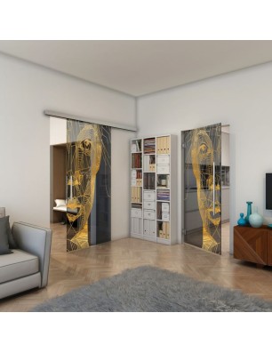 Glasschiebetür SLIM-LINE - Fineprint Model 123 Gold auf Grauglas