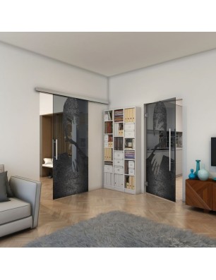 Glasschiebetür SLIM-LINE - Fineprint Model 124 Schwarz auf Grauglas