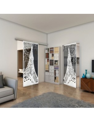 Glasschiebetür SLIM-LINE - Fineprint Model 132 Weiss auf Grauglas