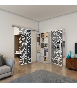 Glasschiebetür SLIM-LINE - Fineprint Model 148 Weiss auf Grauglas