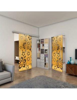 Glasschiebetür SLIM-LINE - Fineprint Model 199 Gold auf Grauglas