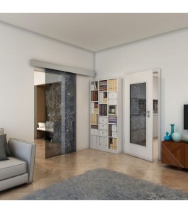 Glasschiebetür ECO-LINE - Fineprint Model 013 Weiss auf Grauglas