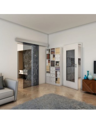 Glasschiebetür ECO-LINE - Fineprint Model 013 Weiss auf Grauglas