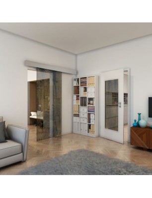 Glasschiebetür ECO-LINE - Fineprint Model 045 Gold auf Grauglas