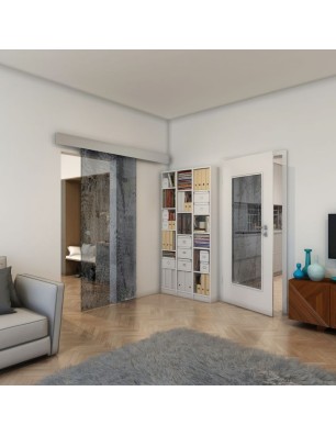 Glasschiebetür ECO-LINE - Fineprint Model 045 Weiss auf Grauglas