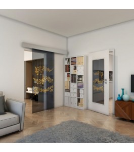 Glasschiebetür ECO-LINE - Fineprint Model 128 Gold auf Grauglas