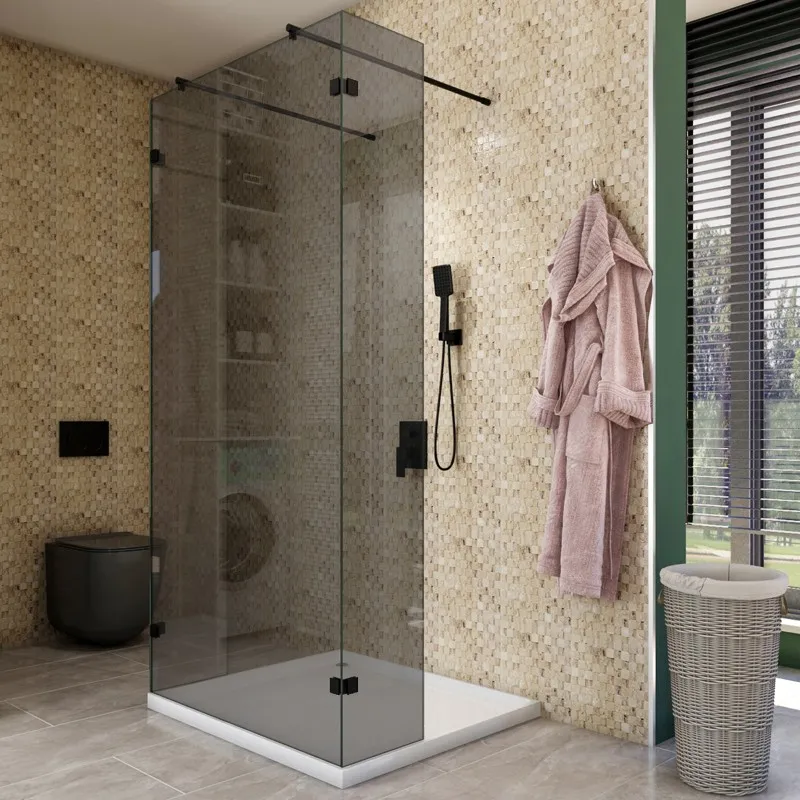 Walk In Dusche - Amora-10 - Duschwand - Schwarz - Grauglas