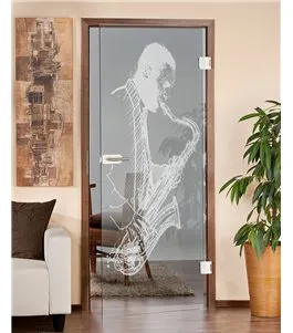 Ganzglastür Saksofonist Gelasert Auf Klarglas