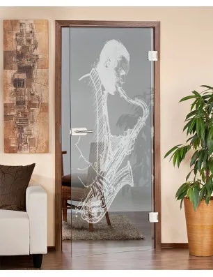 Ganzglastür Saksofonist Gelasert Auf Klarglas