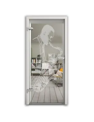 Ganzglastür Saksofonist Gelasert Auf Klarglas