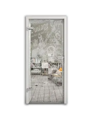 Ganzglastür Vintage Tour Gelasert Auf Klarglas