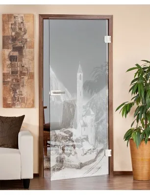 Ganzglastür Alpen Gelasert Auf Klarglas