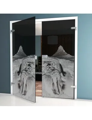 Ganzglastür Berg Gelasert Auf Grauglas