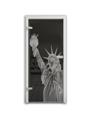 Ganzglastür Freiheitsstatue Gelasert Auf Grauglas