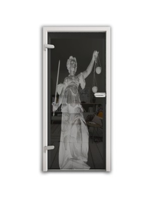 Ganzglastür Justitia Gelasert Auf Grauglas