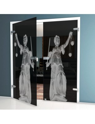 Ganzglastür Justitia Gelasert Auf Grauglas