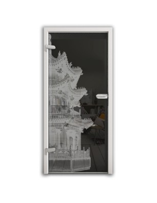 Ganzglastür Pagode II Gelasert Auf Grauglas