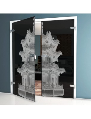 Ganzglastür Pagode II Gelasert Auf Grauglas